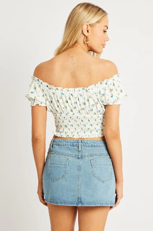 White Ditsy Crop Top Short Sleeve Ruched Bust