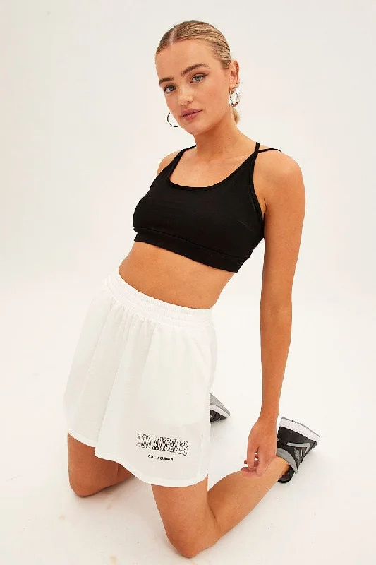 White Elastic Waist Biker Track Shorts