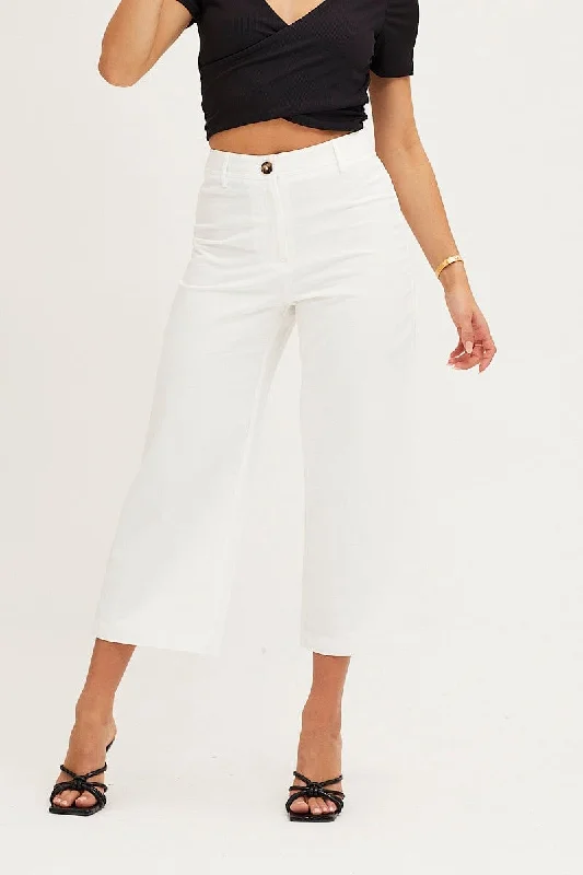 White High Rise Linen Blend Wide Leg Pants