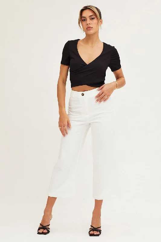 White High Rise Linen Blend Wide Leg Pants