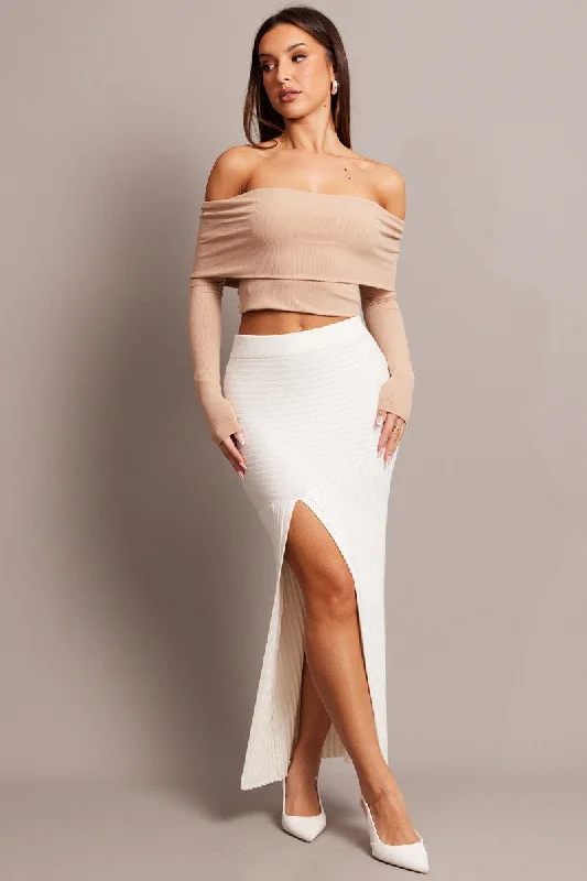 White Knit Skirt Front Split