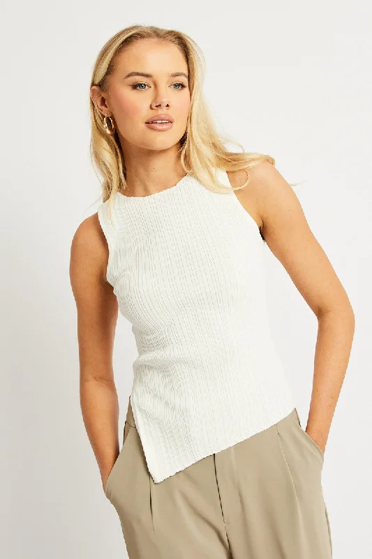 White Knit Top Asymmetric Hem Crew Neck