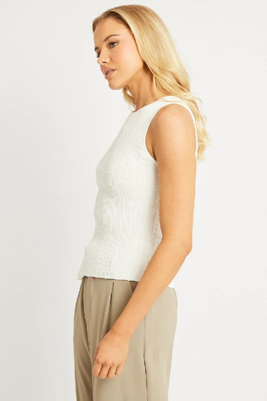 White Knit Top Asymmetric Hem Crew Neck