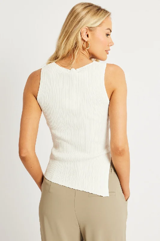 White Knit Top Asymmetric Hem Crew Neck