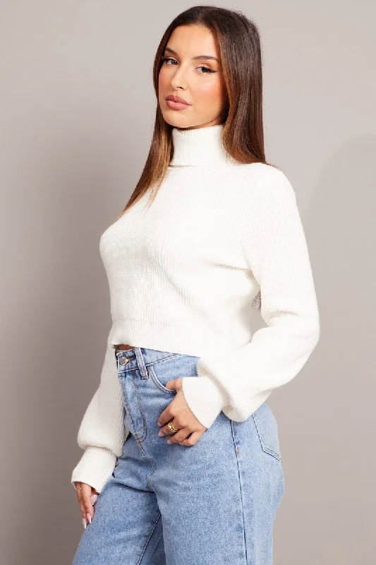 White Knit Top Long Sleeve High Neck Crop