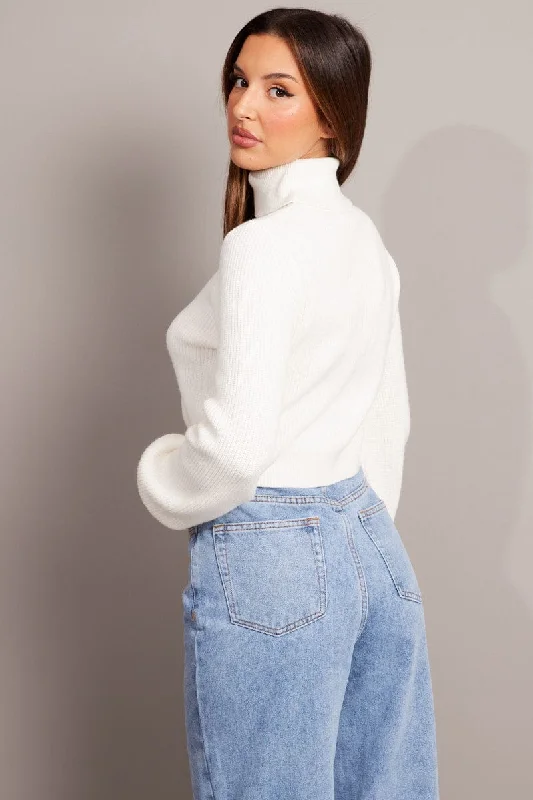 White Knit Top Long Sleeve High Neck Crop