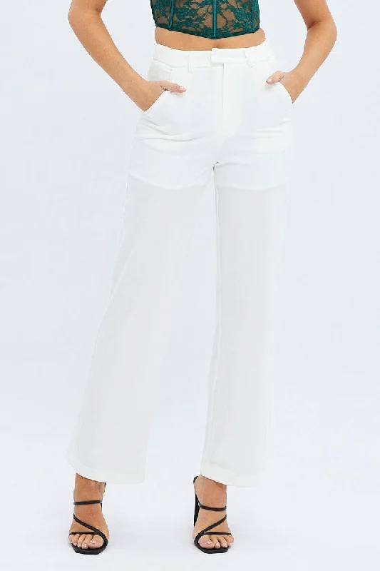 White Straight Fit Pants High Rise Ponte