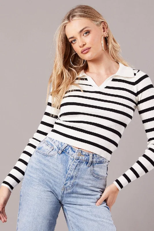 White Stripe Knit Top Long Sleeve Collared