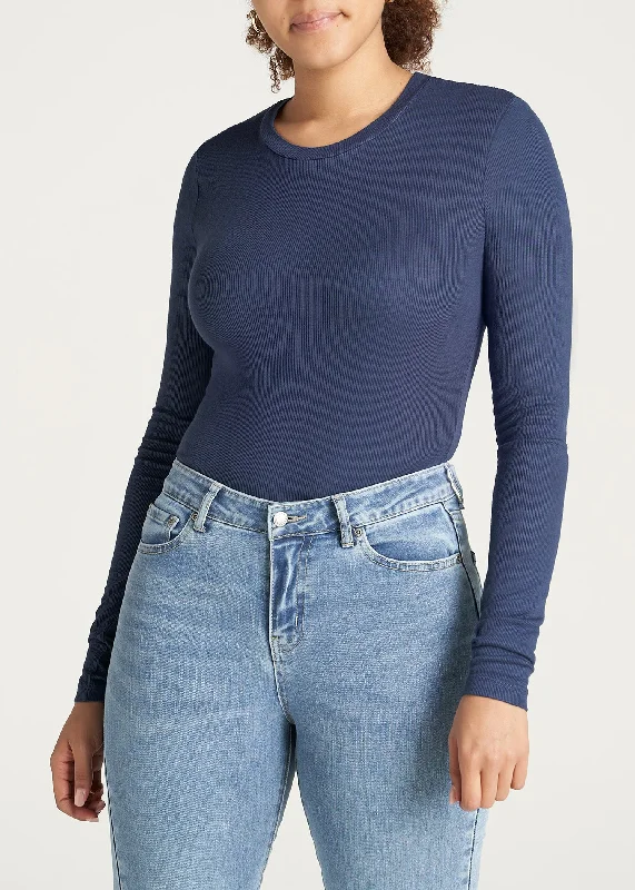 FITTED Ribbed Long Sleeve Tee in Navy - Tall Women's Shirts