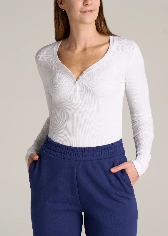 Tall Women's FITTED Ribbed Long Sleeve Henley in White