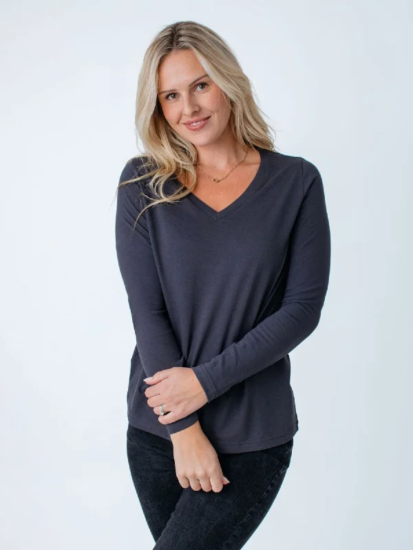 Women's Vintage Black Long Sleeve V-Neck