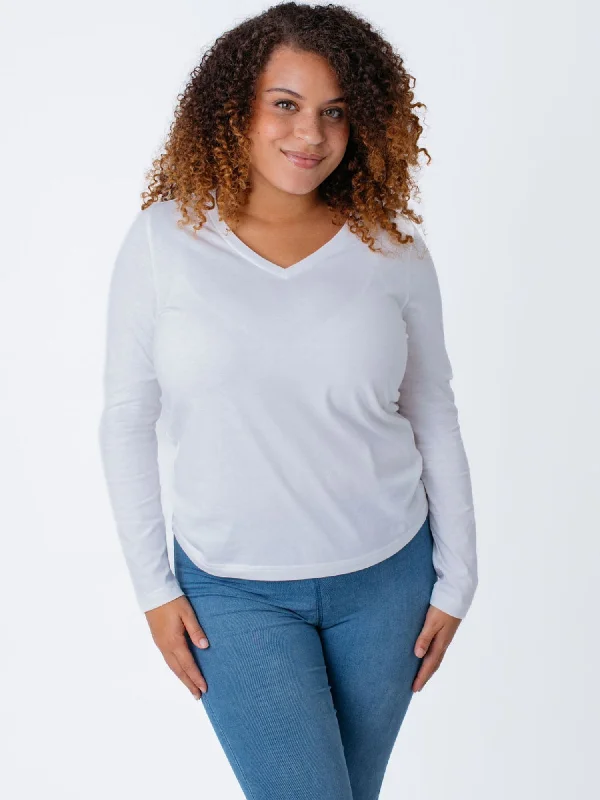 Women's White Long Sleeve V-Neck