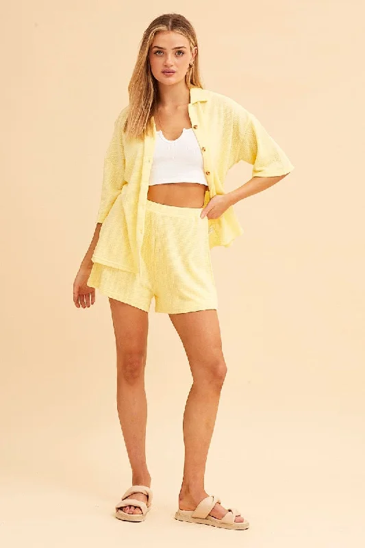 Yellow Lounge Shorts Waffle Texture Pull On