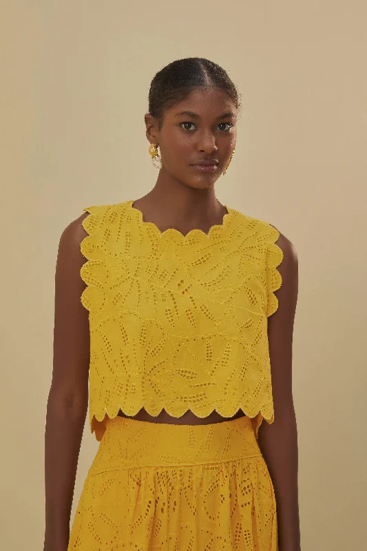 Yellow  Monstera Eyelet Crop Top